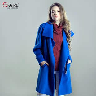  【已质检】skgirl蓝色毛呢大衣 羊毛毛呢外套 女修身长款大衣J003