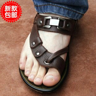  正品男凉鞋拖鞋 真皮牛皮男士沙滩鞋 潮流套趾休闲夏季皮凉鞋骆驼