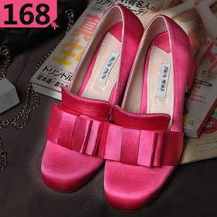  菁菁秀 春季真皮 绸缎面 圆头粗跟单鞋 女鞋蝴蝶结 婚鞋miu家