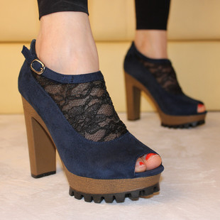  春季新款英伦风高跟鞋 拼接鱼嘴女鞋粗跟防水台闪亮撞色单鞋