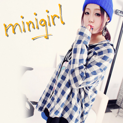 韩国宽松翻领蝙蝠袖格子衬衫 vintage街头BF中