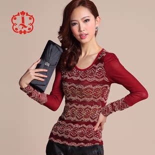  JXO金西欧 品牌正品新款女装圆领网纱蕾丝衫长袖T恤打底衫