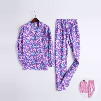 新款 秋冬季女士纯棉绒布长袖长裤开衫睡衣 宽松全棉家居服套装