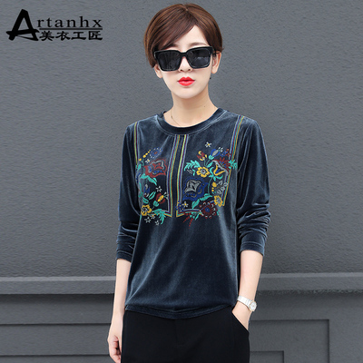 圆领印花长袖t恤女宽松秋装2019新款大码40岁中年妈妈金丝绒上衣