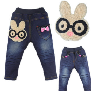  冬婴幼儿童装针织牛仔裤子 女宝宝可爱小兔纯色棉裤 可开裆