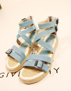  韩单超夯森女风苎麻平底露指罗马牛仔绑带复古凉鞋