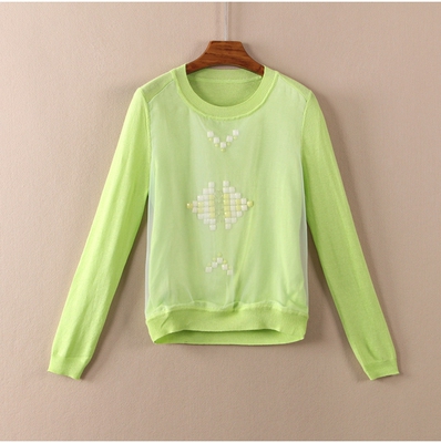 珀 2018秋新款 185 2007 圆领欧根纱拼接钉珠针织衫