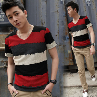  新款夏装男装日韩版短袖t恤男潮修身V领T恤打底衫男士上衣服