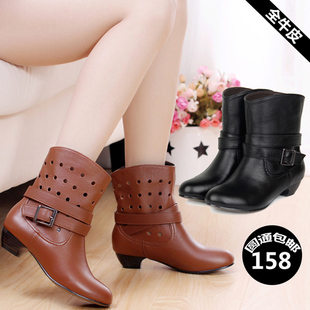  特价春夏新品真皮粗跟女靴 休闲骑士靴舒适女鞋时尚镂空网靴