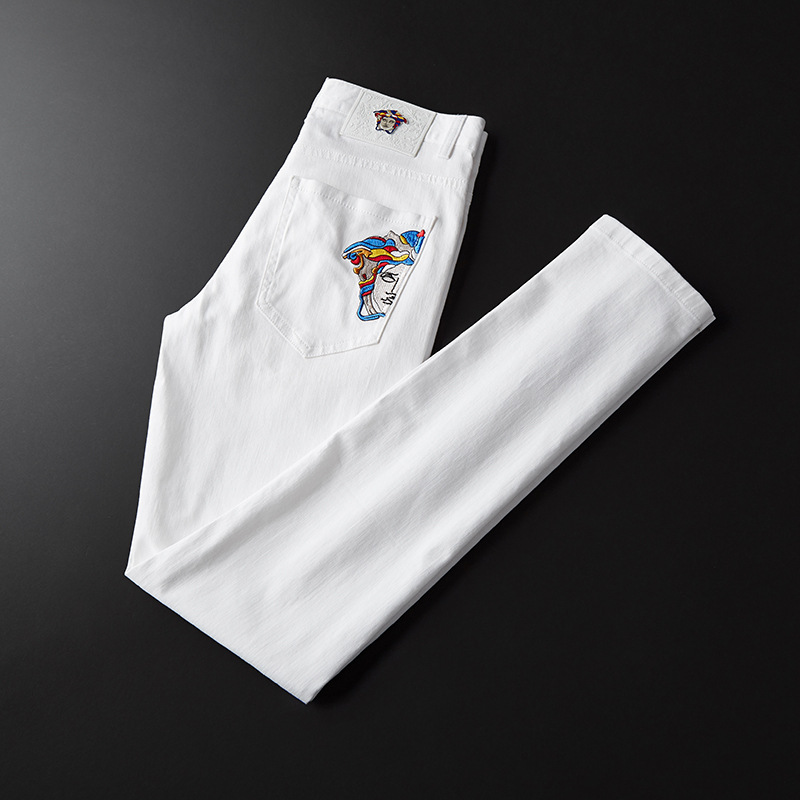 Men's European Grand Prix 2019 man Middle-waisted Small Straight trousers Medusa Embroidery Pure white Jeans Trendin the Men's clothing, Jeans category - from Buy2taobao.com to provide professional Taobao agent buy service