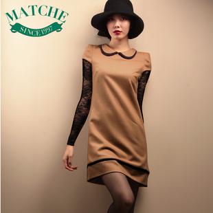  MATCHE曼玘新款女装春装耸肩羊毛连衣裙 娃娃领毛呢修身小A裙