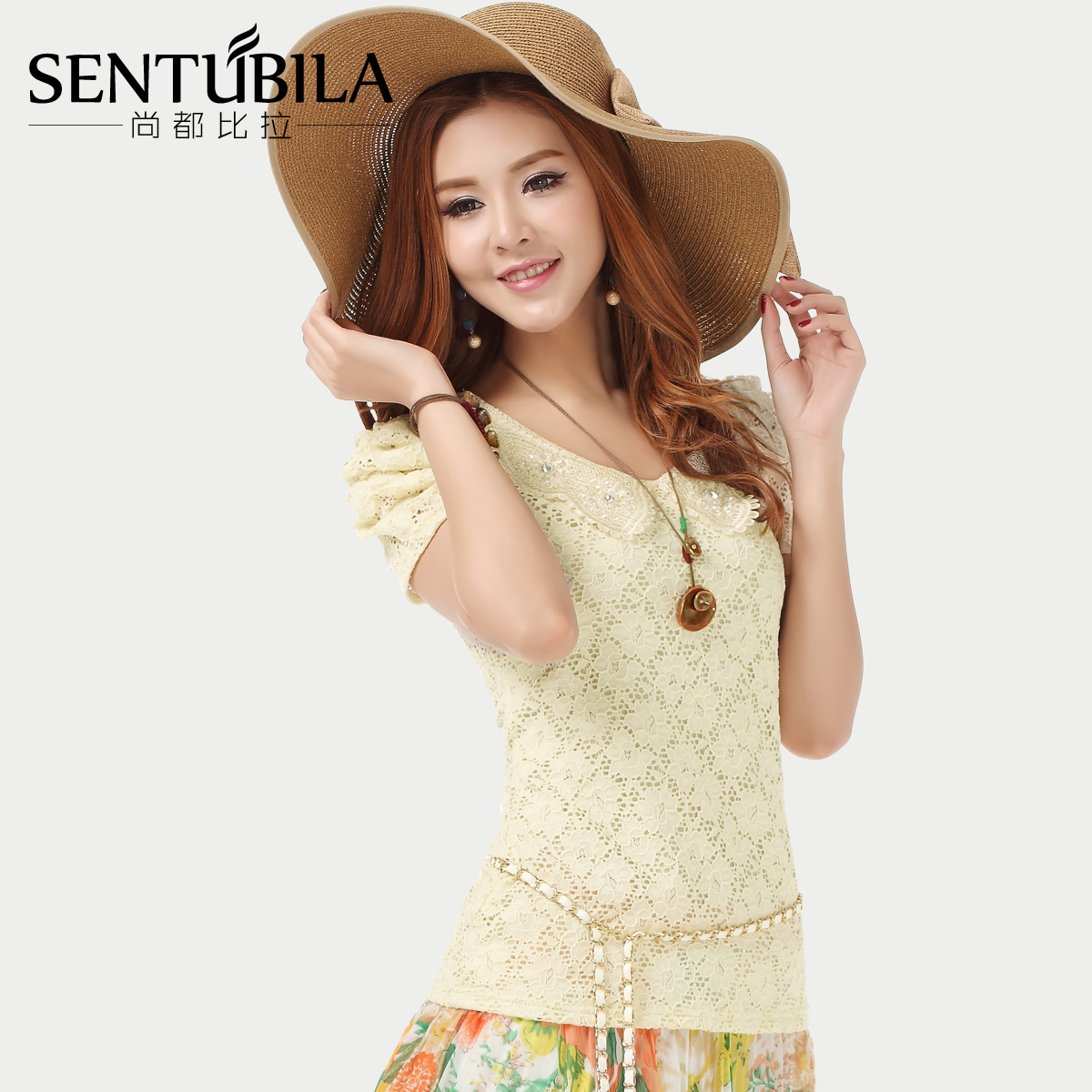 蕾丝短袖t恤春款修身...