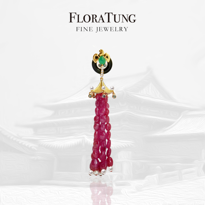 FloraTung原創獨立設計師蝙蝠亭子18K金天然紅寶石祖母綠流蘇吊墜在類目 珠寶/鑽石/翡翠/黃金, 彩色寶石/貴重寶石, 耳飾中 - 來自Buy2taobao.com提供專業的淘寶代購服務