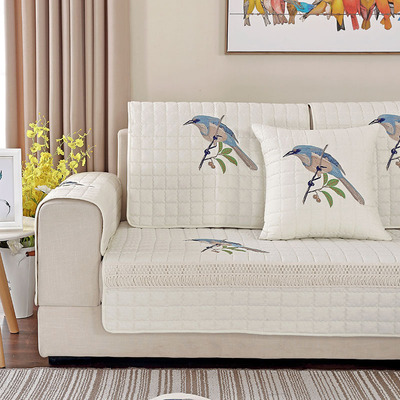 沙发垫全棉布艺绣花纯色花鸟简约风防滑组合坐垫四季通用定做全罩