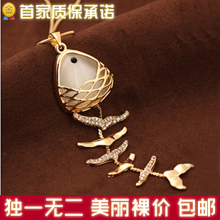  X215鱼骨精毛衣链长款韩国 项链女 时尚猫眼石挂饰毛衣链 女饰品