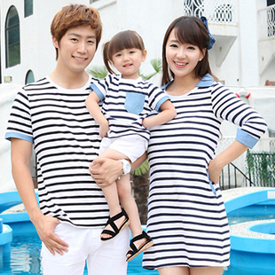  品质亲子装夏装款 新款条纹全棉全家装 修身母女裙母子家庭装