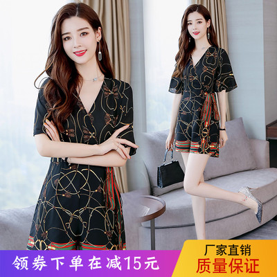 泰国连衣裤女夏高腰显瘦2018新款韩版连体衣短裤雪纺碎花连体裤潮