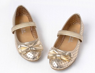  韩版童鞋 闪亮蝴蝶结镂空软底金色女儿童公主单皮鞋 半凉鞋表演鞋