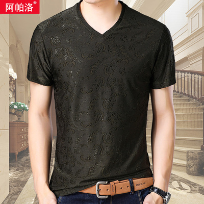 夏季新款短袖t恤男V领薄款中年男士冰丝半袖T恤男装短袖衣服体恤