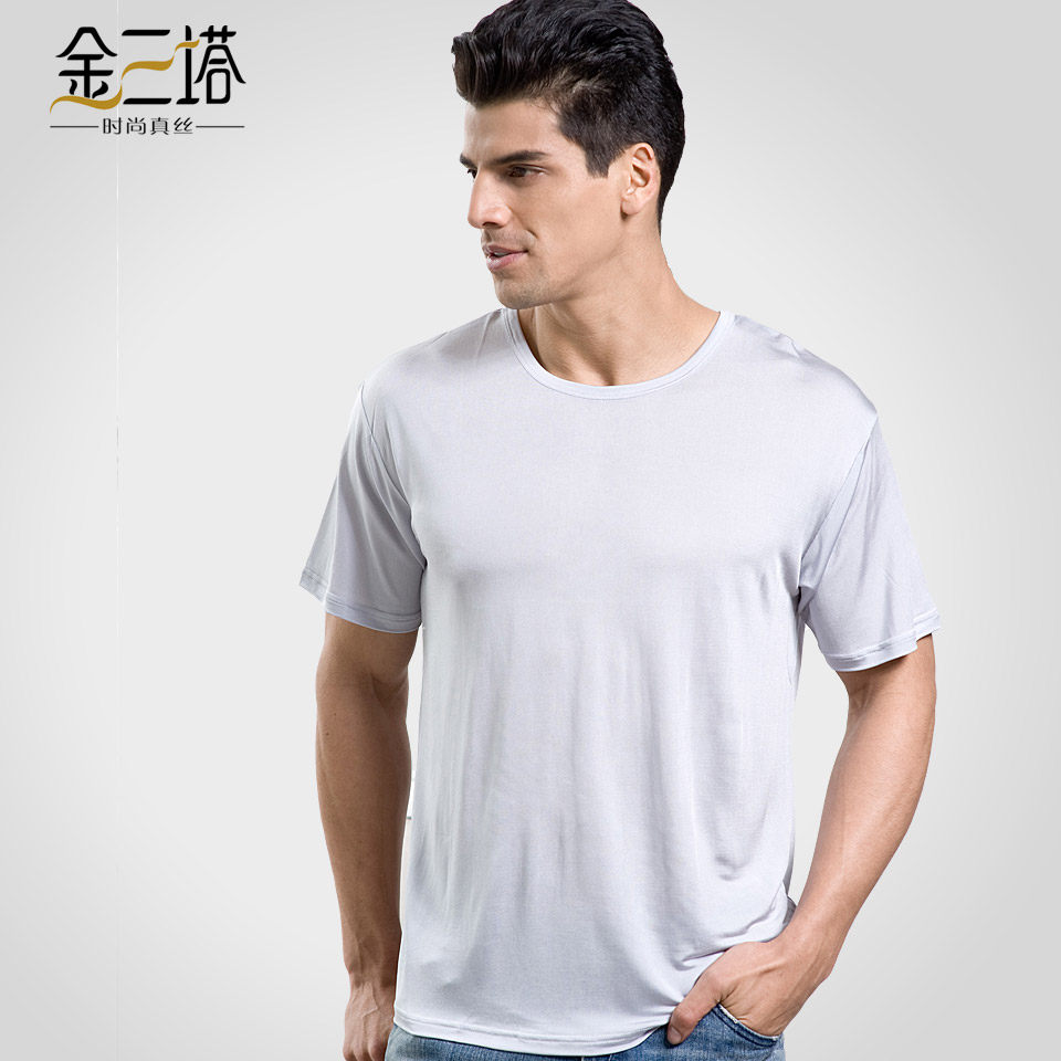 Gold silk t shirt Santa 100% silk knit men's comfort cool short sleeve round neck shirt