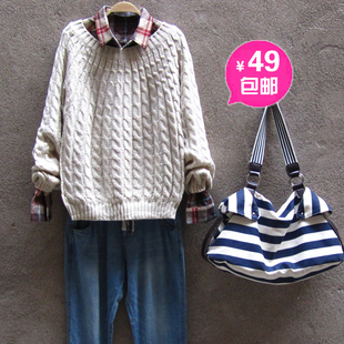  秋冬新款韩版英伦女装套头打底针织衫短款宽松复古麻花毛衣外套