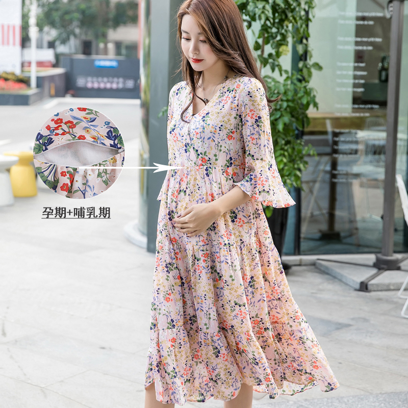 孕妇连衣裙中长款2019孕妇夏装哺乳裙雪纺仙女裙五分袖V领孕妇裙|ruв категории Всё для беременных и кормящих, материнство, платье - от Buy2taobao.com для оказания профессиональной услуги покупки агента Taobao