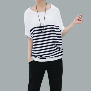 2013韩版女装新款大码蝙蝠衫短袖T恤宽松 夏季条纹T体恤百搭包邮