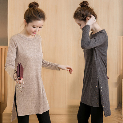 前短后长秋季女上衣韩版中长款打底衫薄款毛衣宽松套头长袖针织衫