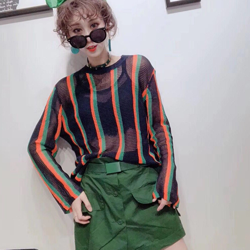 欧洲站2019夏季新款潮时尚宽松显瘦彩虹条纹拼色长袖针织防晒衣女在类目 女装/女士精品, 毛针织衫中 - 来自Buy2taobao.com提供专业的淘宝代购服务