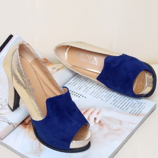  春季新款欧式英伦高跟鞋 拼接鱼嘴女鞋粗跟防水台撞色单鞋