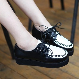  原宿款黑白复古松糕鞋欧美英伦风女鞋 厚底鞋圆头系带单鞋坡跟鞋
