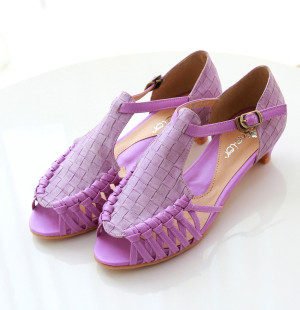  韩国代购 超美民族风细带编织香芋紫色镂空凉鞋复古中跟单鞋女