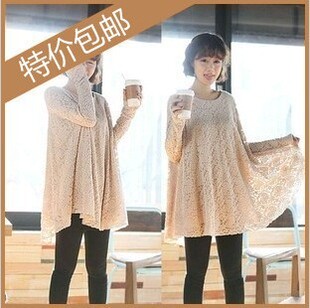  秋冬新款女装大码宽松显瘦雪纺蕾丝衫 上衣 中长款百搭打底衫