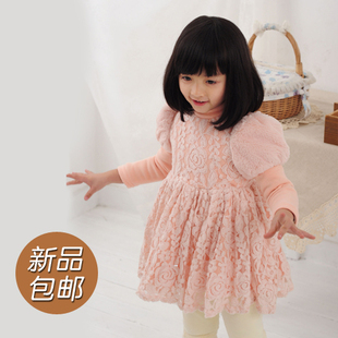  韩国童装儿童冬装女童裙装连衣裙 加绒蕾丝 秋冬裙子公主裙 包邮