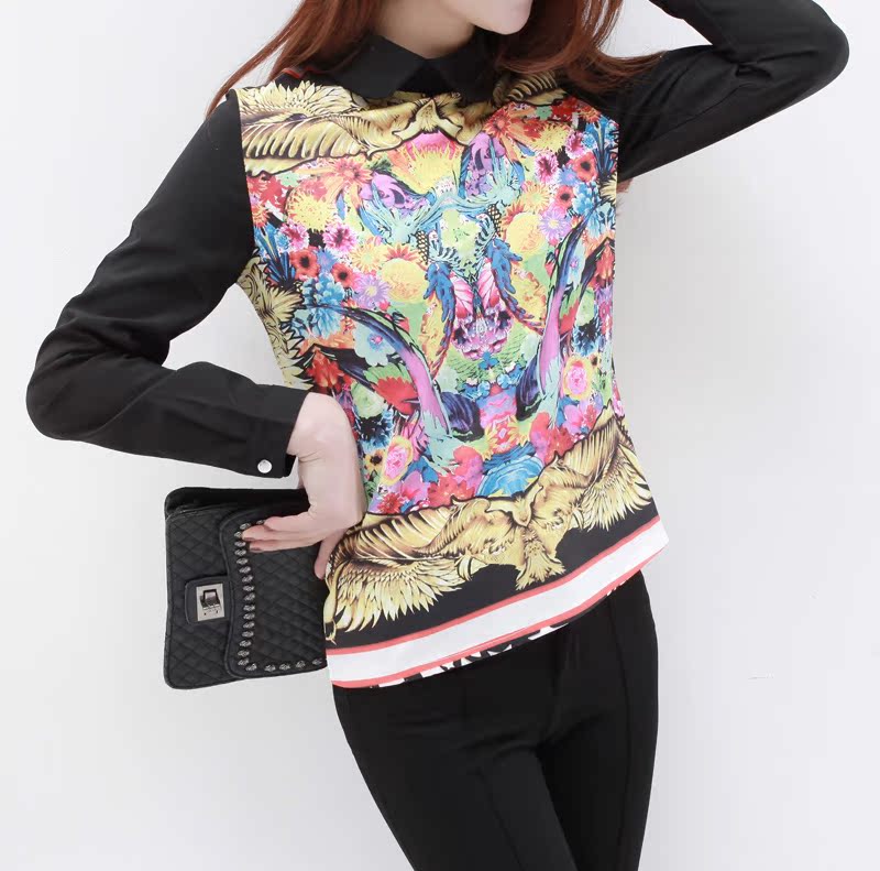 欧美印花撞色拼接...