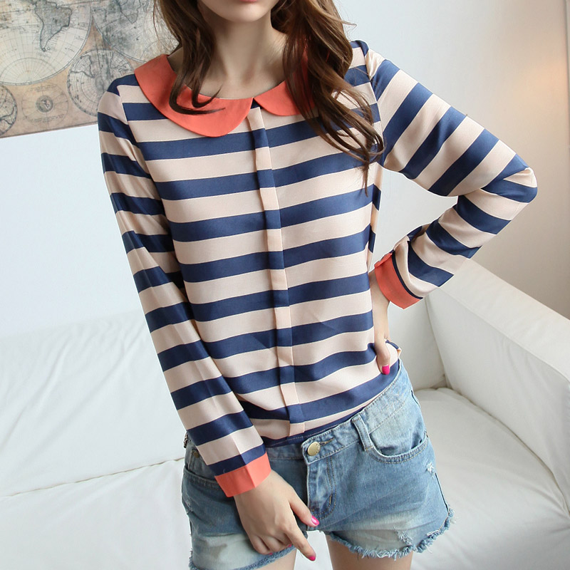 甜美娃娃领条纹...