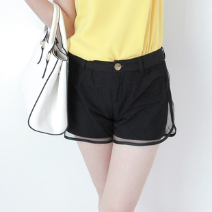  夏装新款女装 韩版优雅低腰纯色拼接网纱雪纺短裤热裤AE416