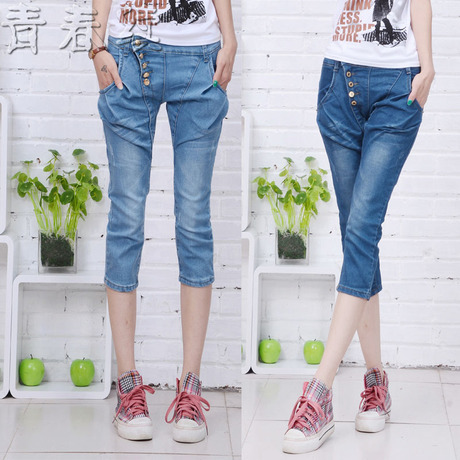 包邮按扣哈伦裤<em>女生</em>韩范潮显瘦简约牛仔短裤马