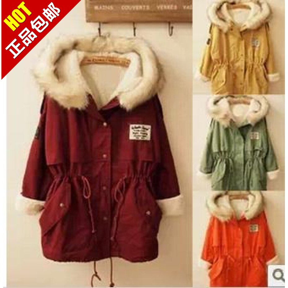 2013女韩国进口彩色徽章刺绣中长款工装羊羔毛棉衣棉服外套带毛领