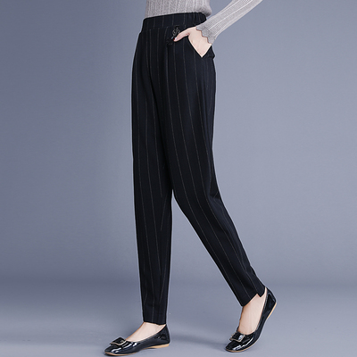 2018秋季新款大码女装胖mm宽松休闲九分哈伦女裤职业西装条纹长裤