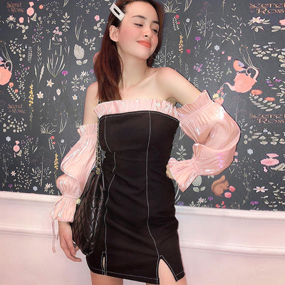 欧美ins独家少女连衣裙女修身荷叶边一字领拼接长袖包臀短裙秋 潮