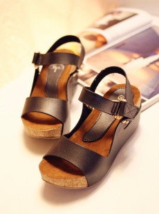  罗马凉鞋欧美复古风绒布鞋垫内里舒适休闲高跟坡跟鱼嘴鞋学生鞋女