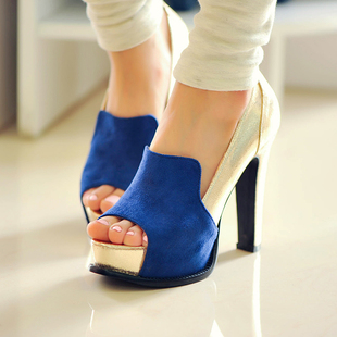  春季新款英伦风高跟鞋 拼接鱼嘴女鞋粗跟防水台闪亮撞色单鞋