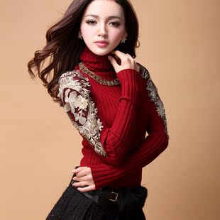  少女蝶秋冬新品时尚重工艺复古刺绣花纹高领修身针织打底衫