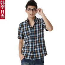 2013 summer men's shirt Korean version of cultivating wild cotton plaid short-sleeved shirt plaid England men's shirts