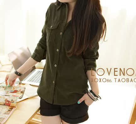 韩版复古灯芯绒衬衫...