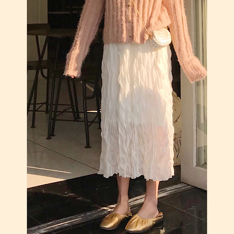 Halonini裙子2019春装新款韩版百搭奶油色波浪压皱半身裙女中长款在类目 女装/女士精品, 半身裙中 - 来自Buy2taobao.com提供专业的淘宝代购服务