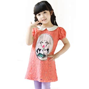  米奇丁当童装女童夏新款韩版儿童原创时尚蕾丝短袖长款T恤