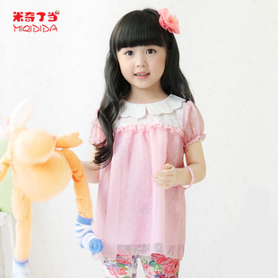  米奇丁当童装女童夏装新款韩版儿童雪纺拼接泡泡袖短袖T恤