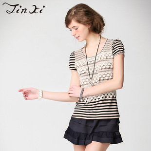  金熹新款 蕾丝拼接 条纹短袖T恤女J31907